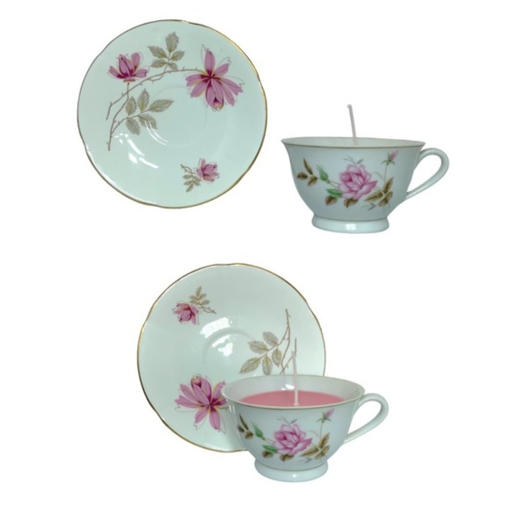 Vintage HandmadeTeacup Candle Saucer Set with Artisan Hand Poured Soy Candle - Picture 15 of 16